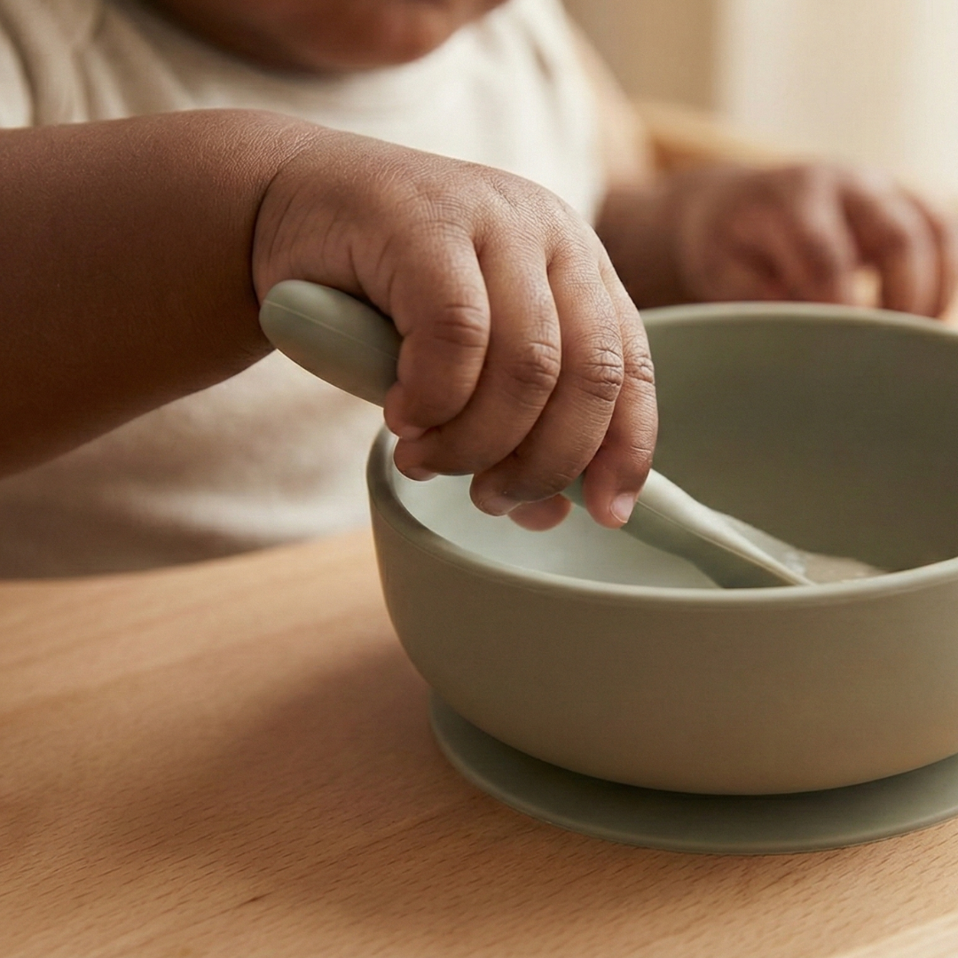 Baby eating from silicone suction bowl