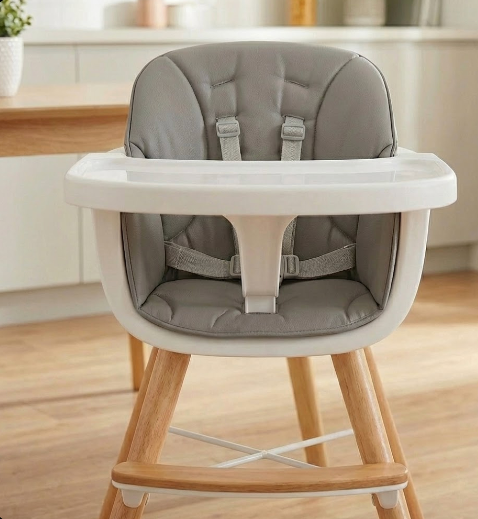 Wooden Baby High Chair with Tray – Light Grey, Adjustable Feeding Seat_1