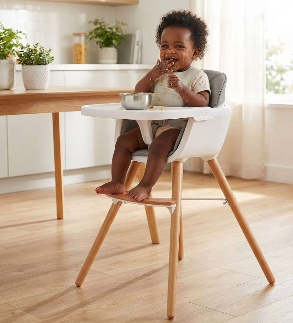 Wooden Baby High Chair with Tray – Light Grey, Adjustable Feeding Seat_0